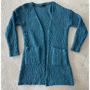 MEROKEETY Teal Textured Popcorn Knit Long Open Front Cardigan Pockets Medium